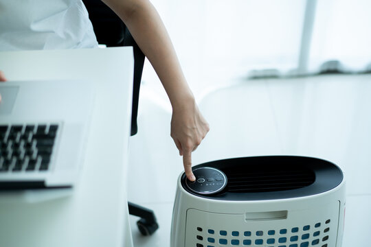 Asian Young Woman Working In Home Office And Using An Air Purifier, A Girl Sitting On Sofa And Using Laptop.