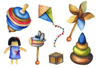 Watercolor Kids Toys Clipart. Wooden Toys Clipart.