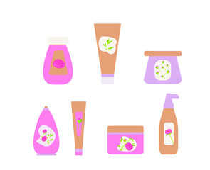 Set of various cosmetic bottles and tubes in pastel pink. Cream, gel, shampoo, liquid soap, scrub, toothpaste. Various naturel products for face and body. Flat illustration. Vector. Beauty eco product