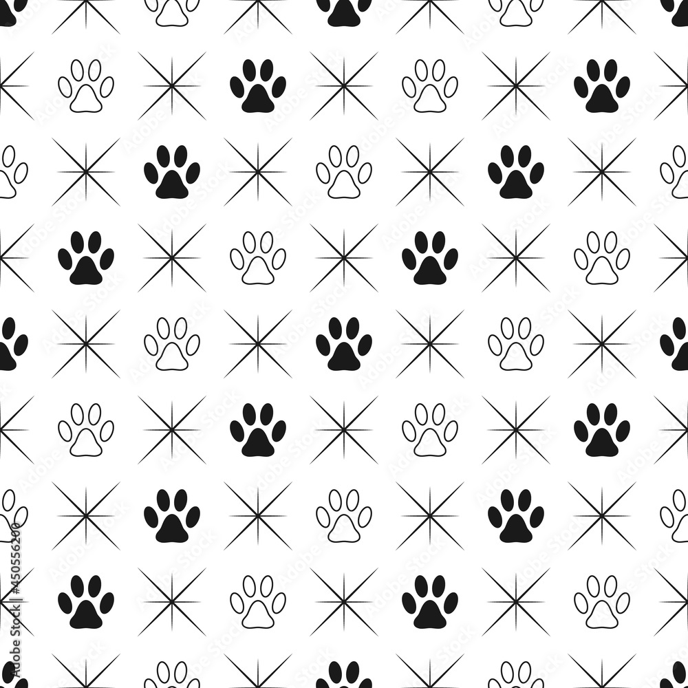 Poster seamless pattern background with footprints of home pet in square diagonal grid with tiny stars. bla