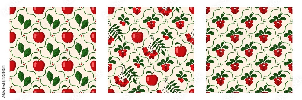 Poster set of seamless pattern with red berries, apple, green leaves in square diagonal wavy grid on light 