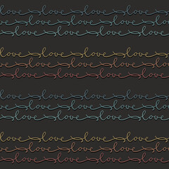 Obraz premium word love colorful rainbow colors hand drawn calligraphic text in horizontal rows romantic lovely vector seamless pattern isolated on dark background