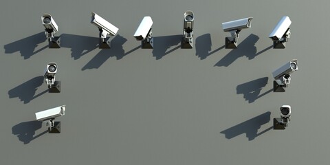 CCTV cameras look in different directions on a grey background. Security and safety concept. 3d illustration. Place for text	