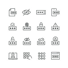 Password related icons: thin vector icon set, black and white kit