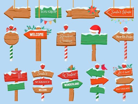 North pole signs. Christmas wooden street signboad with snow. Arrow signpost direction to Santa workshop. Winter holiday toy shop vector set