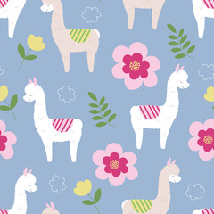 llama pattern with flowers and leaves on a blue background
