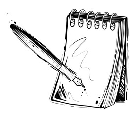 Pen and notepad, sketchy hand drawn vector, monocrome