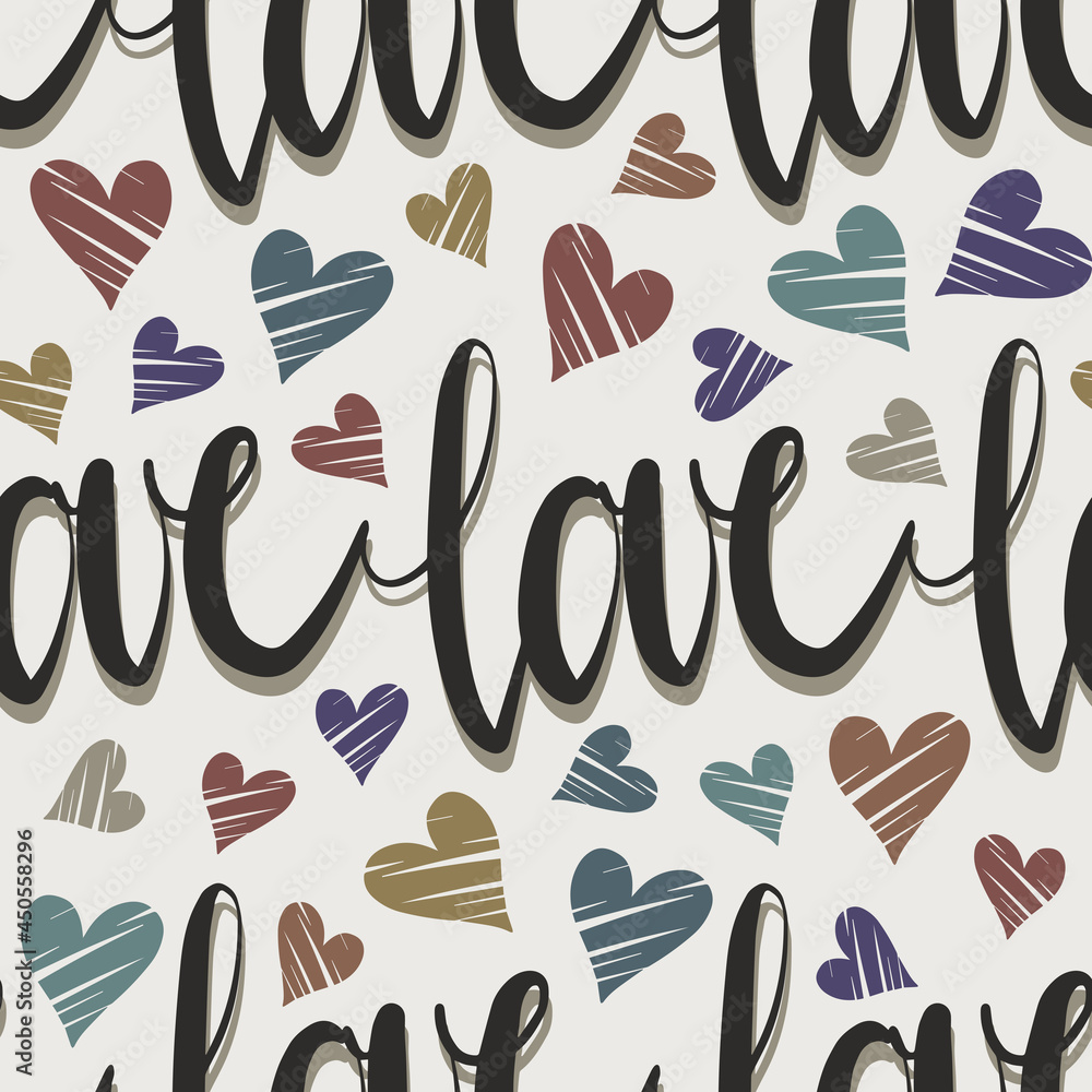 Poster word love dark hand drawn calligraphic text in horizontal rows with messy colorful heart shapes roma