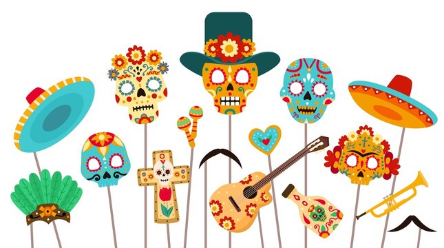 Dead of day photo booth. Skull masks, sombrero and props for Dia de los Muertos party. Mexican halloween holiday decorations flat vector set
