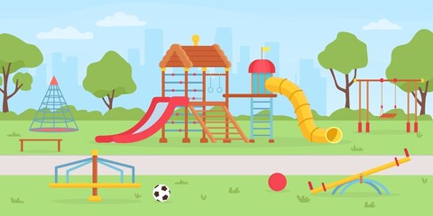 Playground at park. School or kindergarten background with sandbox, playhouse, swings and slides. Summer kids playground vector landscape - obrazy, fototapety, plakaty
