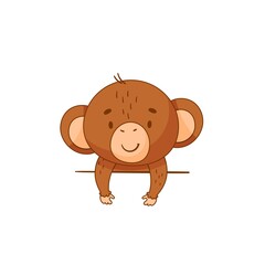  Little brown monkey peeks out. Up to the waist. On white. Vector illustration
