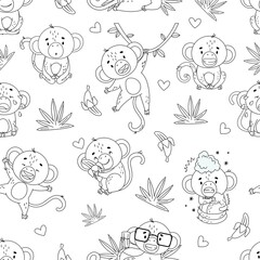Seamless monochrome pattern with cute monkeys for coloring. White background, black outline. Vector illustration