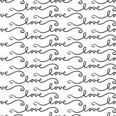 Obraz premium word love black hand drawn calligraphic text in horizontal rows romantic lovely vector seamless pattern isolated on white background