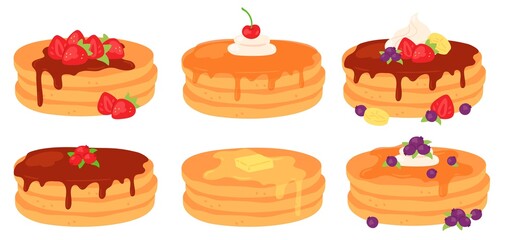 Cartoon breakfast pancake stacks with maple syrup and berry toppings. Tasty pancakes with butter, chocolate, cream and strawberry vector set