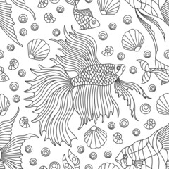 Seamless pattern on a marine theme with dark contour fish and shells, outline fish on a blue background