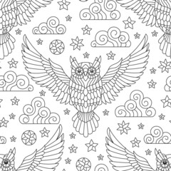 Seamless pattern with dark contour owls, stars and clouds on a white background