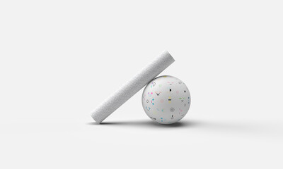 Abstract figures on a white background. A stick and a ball of white color with a pattern of emoticons, emojis. Composition on the topic of games, children's, entertainment, hobbies. 3d rendering.