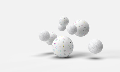 White balls with a pattern of emoticons float, fly up. Composition on the topic of games, children, entertainment, hobbies. Minimal modern style. 3d rendering.