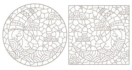 Set of contour illustrations of stained glass Windows with the moon and sky, round and rectangular image, dark contours on white background
