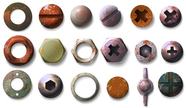 Realistic old rusty screw and bolt heads top view. Metal round and hexagon shaped nuts, nails and rivets with grunge rust texture vector set