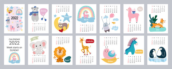 Fototapeta premium 2022 Calendar or planner for kids. Cute stylized animals. Editable vector illustration, set of 12 monthly cover pages. Week starts on Monday.