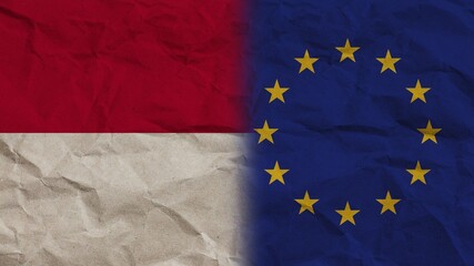 European Union and Indonesia Flags Together, Crumpled Paper Effect Background 3D Illustration