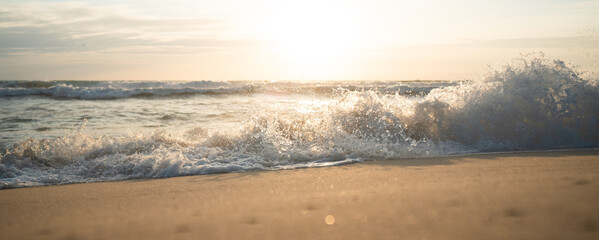 sunset over the sea.Seascape view Panorama:Caribbean sea and Ocean beach sunrise and breaking to the beach.