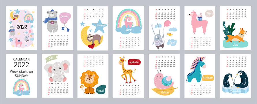 2022 Calendar Or Planner For Kids. Cute Stylized Animals. Editable Vector Illustration, Set Of 12 Monthly Cover Pages. Week Starts On Monday.