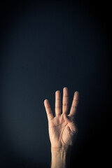 Colour image of hand demonstrating sign language number four against dark background with empty copy space