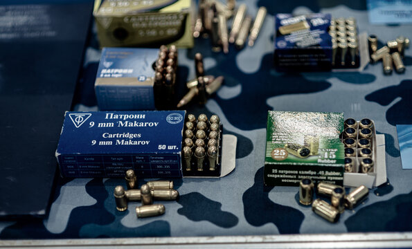 Kyiv, Ukraine - June 15, 2021: Cartridges for the Makarov pistol. Cartridges with rubber bullets
