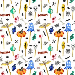 Halloween watercolor pattern for packaging, funny illustration with candies, pumpkins, ghost and cobwebs