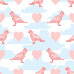 Birds And Hearts In The Cloudy Sky Vector Design Pattern