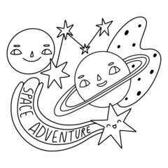Space adventure design for card, sticker, print, coloring page