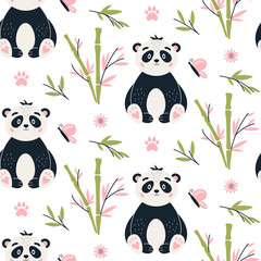 Panda Seamless pattern Cute baby bear vector background