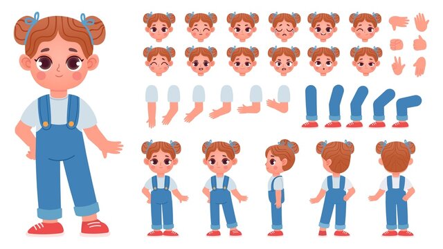 Cartoon little girl character constructor with gestures and emotions. Child mascot side and front view, body parts for animation vector set