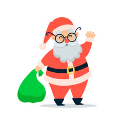 Flat vector Illustration of a cute cartoon christmas Santa Claus with a bag