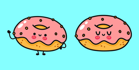Funny cute happy Donut characters bundle set. Vector kawaii line cartoon style illustration. Cute Donut mascot character collection