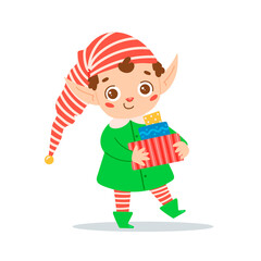 Flat vector illustration of a cute cartoon Christmas elf boy isolated on whi