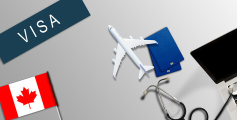 Passport near flag. Toy plane. Journey to country of opportunities. New document on old table.