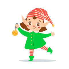 Flat vector Illustration of a cute cartoon Christmas elf girl isolated on wh