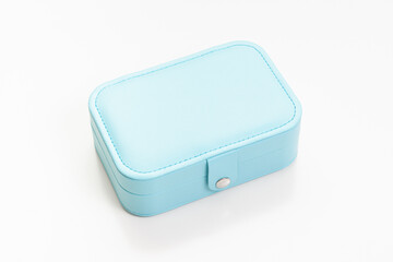 Blue jewelry box on white background. Space for text
