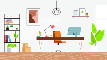 Office cartoonish interior. Cozy workplace in flat style vector illustration