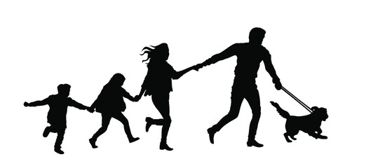 Happy family with dog running silhouette vector illustration isolated on white background