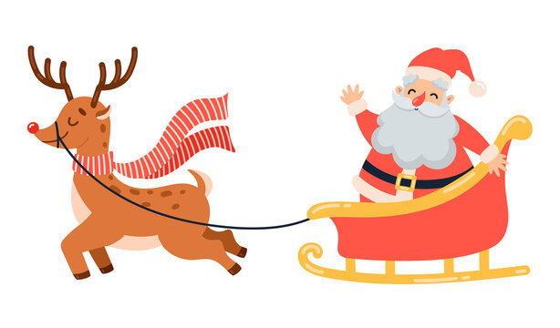 Illustration of cute cartoon Santa Claus in sleigh with christma