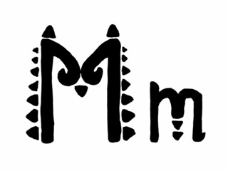 African Culture Vector Alphabet Black Color Isolated on Whute Background. Letter M Symbol. Antique Africa Font with Afro Letters. Vintage Cool Typeface