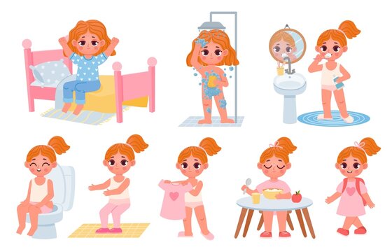 Cartoon little kid girl home daily routine. Cute child dress, shower, eat breakfast and exercise. Children morning healthy habits vector set