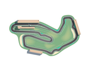 The top-down racing circuit is isolated on a white background. The racing track is including a pit lane, grandstands, boxes, and gravel safety zones. Vector illustration.