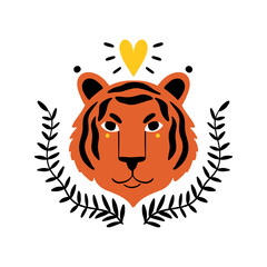 Esoteric concept illustration. Flat mystic plants, magic tiger, heart and doodles