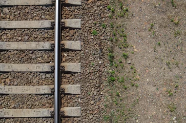 Rugzak Railroad top view, flat lay. Part of the track for trains. Aerial view of a railway from a drone. Background with space for text. Shiny iron rails and concrete sleepers. © Yevhen Roshchyn