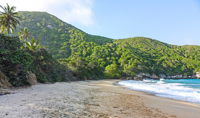 Caribbean beach with tropical forest in Tayrona National Park, Colombia. Tayrona National Park is located in the Caribbean Region in Colombia. - 450564454